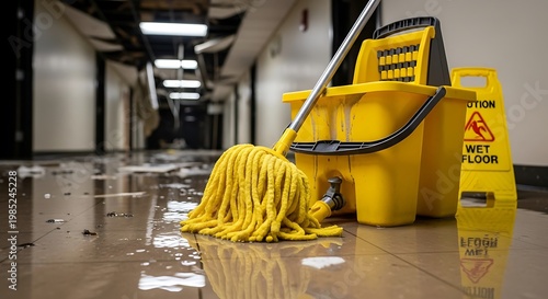 A flooded hallway with cleaning supplies and a warning sign. Ceiling damage is apparent