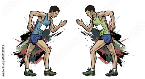 Two runners face off, ready to sprint, with dynamic abstract background
