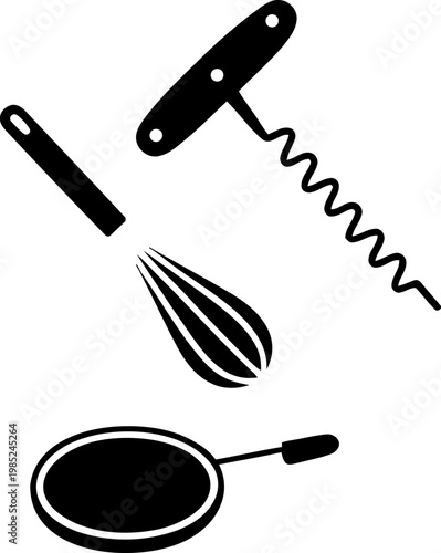 Kitchen Utensils, Cooking Tools, Black Icons, Vector Set of 4