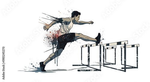 Athlete hurdles jump, athletic race, dynamic movement, sports illustration