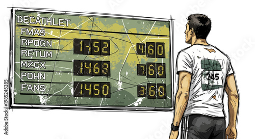 Athlete checks decathlon scoreboard with scores and ranks