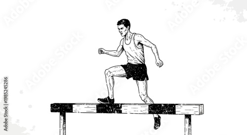 Athlete jumping over hurdle in vintage sketch style