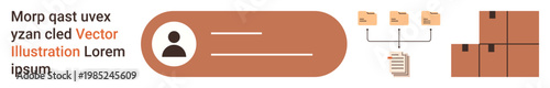Digital profiles, logistics, data organization, supply chain, user data management, digital storage. User profile badge, folders linked to files stacks of shipping boxes. User data and logistics