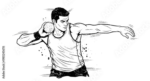 Athlete throwing shot put, athletic competition, dynamic illustration