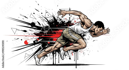 Athletic man sprinting with abstract paint splash background, dynamic motion
