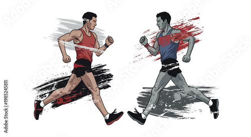 Athletic Runners Competing, Dynamic Brush Strokes
