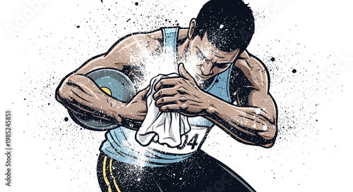 Discus thrower wiping sweat from face, athlete preparing for competition, sports illustration