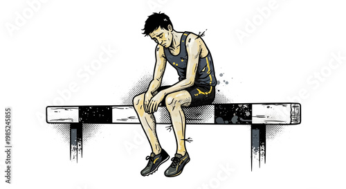 Exhausted runner sitting on hurdle, feeling defeated