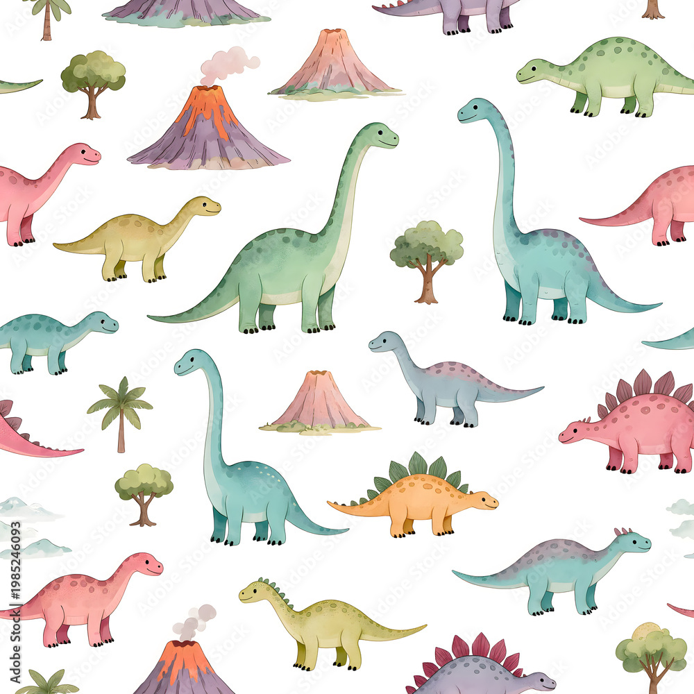 Obraz premium Seamless pastel dinosaurs with trees and volcanoes