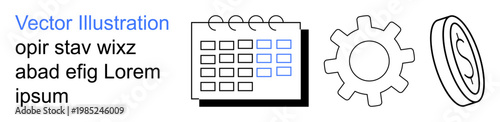 Planning, time management, productivity, financial goals, business operations, organization. Calendar, gear and coin outlined symbols. Planning and time management through simple icons