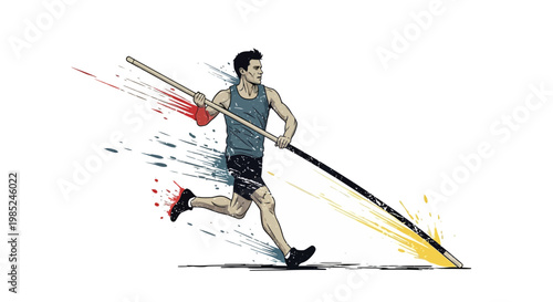 Pole vault athlete running with pole, colorful paint splashes