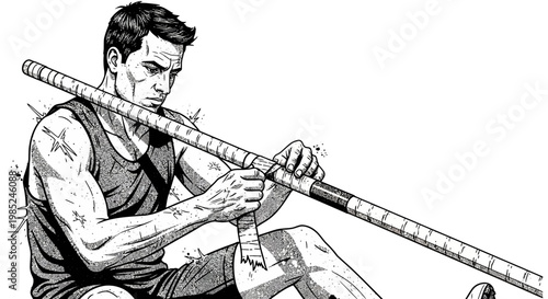 Pole vaulter preparing pole for competition, black and white illustration