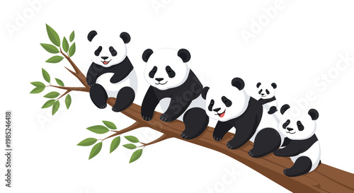 Cute Panda Family Sitting on Tree Branch, Adorable Baby Pandas