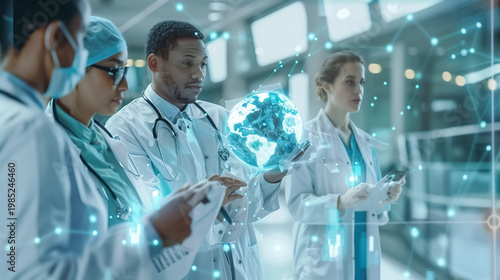 A team of healthcare professionals wearing medical masks and protective gear examining a glowing digital globe in a modern hospital environment