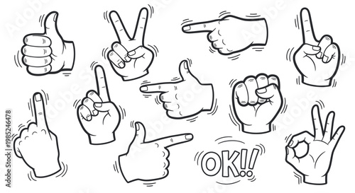 Hand Gestures Collection: Thumbs Up, Peace, Pointing, OK Sign, Fist - Doodle Style