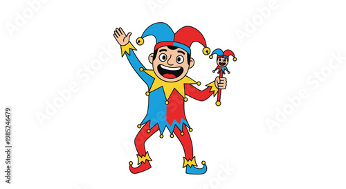Jester Character with Puppet Toy, Festive Entertainment, Isolated on White