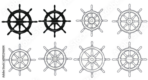 Collection of Ship Steering Wheels, Nautical Vintage Design Elements