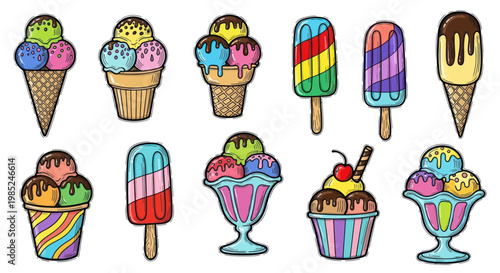 Colorful Ice Cream Collection: Cones, Popsicles, and Sundaes - Summer Treats