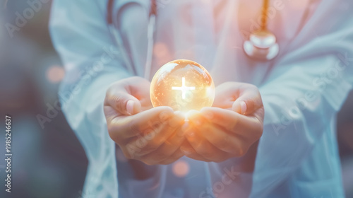 A conceptual image of caring hands gently holding a glowing digital globe with a medical cross at its center