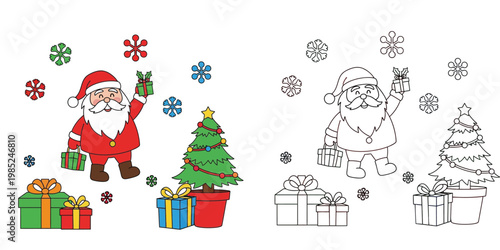 Cute Santa Claus with Christmas Tree and Gifts Vector Illustration, with Matching Coloring Page Line Art for Kids Holiday Activities