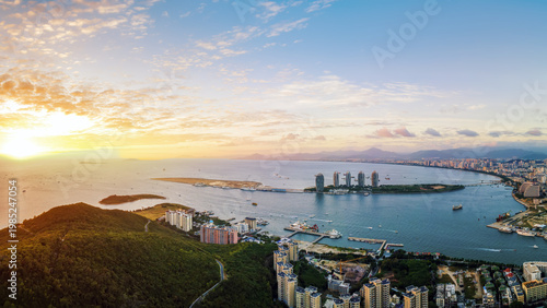 Aerial View of Coastal City at Sunset