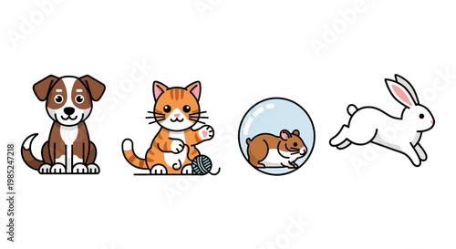 Brown dog sitting with cat hamster rabbit.