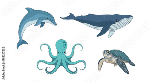 Marine animals in ocean ecosystem.