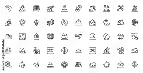 Natural Resources icon set. Vector illustrations of Wind, Solar, Nuclear, Coal, Oil, Renewable Energy, Water, Mining, Agriculture and Ecology symbols.