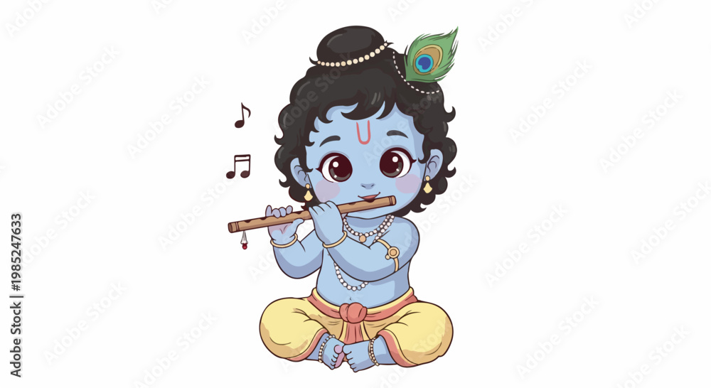 Fototapeta premium Illustration of a blue-skinned Hindu deity playing a flute with musical notes and a peacock feather on a plain white background.