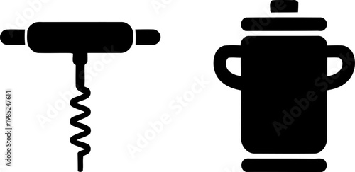 Black wine icons, corkscrew and coffee pot, vector graphics, kitchen utensils, simple silhouettes