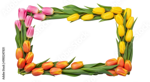 Rectangular border frame of colorful spring tulips on a transparent background PNG file