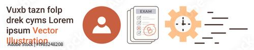 Education, productivity, assessment, workflow, automation, progress. Person profile, exam paper gear and dynamic lines. Education and productivity through user profiles and assessments