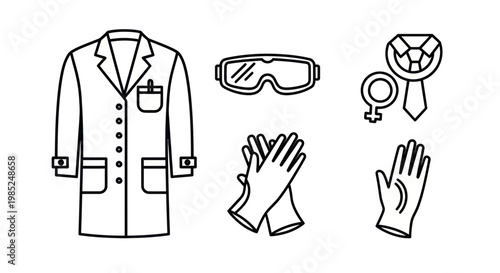Science Lab Equipment Icons: Lab Coat, Goggles, Gloves, Tie, Gem