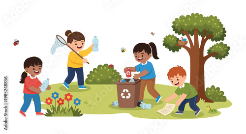 Four happy children work together in a lush park to collect litter and recycle waste, promoting environmental awareness and community service.