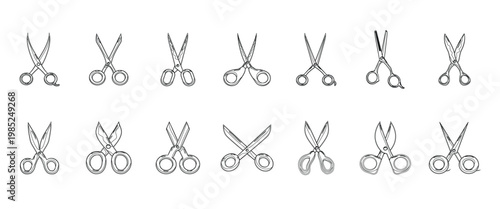 Multiple black scissors icons arranged in two rows, simple design on a white background, symmetrical, vector illustration.