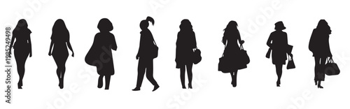 Silhouette collection women shopping bags various poses. Collection of female silhouettes in various poses holding shopping bags on white background, Vector illustration 