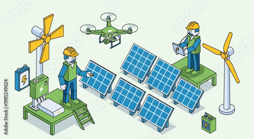 Workers installing solar panels with wind turbines and drone
