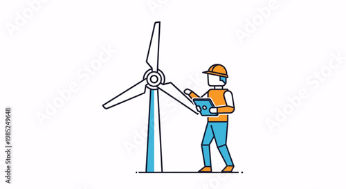 Technician maintaining unique solar wind turbine for renewable energy