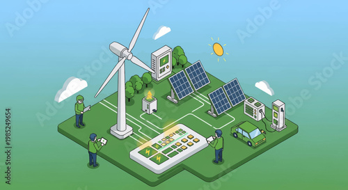 Eco-friendly energy concept with solar panels and wind turbine