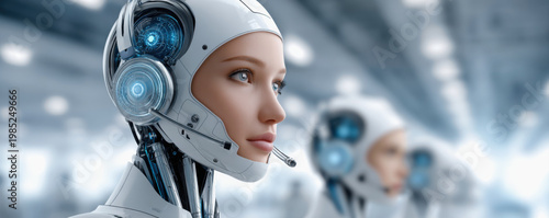 The impact of automation in the future. Futuristic humanoid robot with human features and advanced technology headset in a high-tech environment.