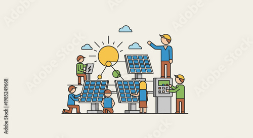 Illustration of people working with solar panels under unique solar wind