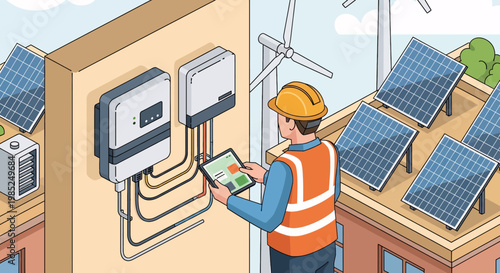 Technician inspecting solar panel system with unique solar wind energy