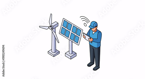 Engineer inspecting solar panel and wind turbine for unique solar wind energy