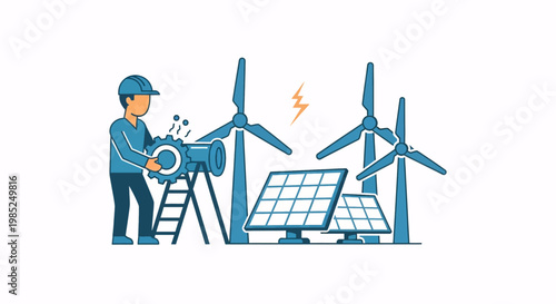 Technician Maintaining Unique Solar Wind Energy Systems