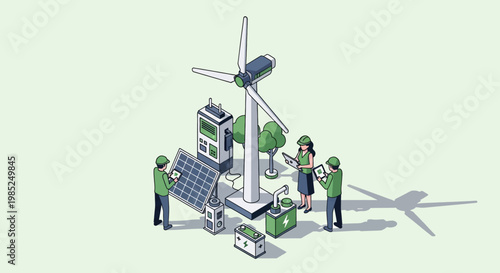 Eco-friendly team working with unique solar wind energy technology