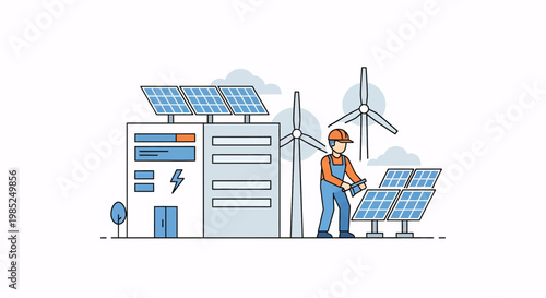 Renewable Energy Engineer Inspecting Solar Panels and Wind Turbines