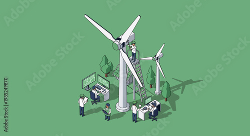 Illustration of people working on unique solar wind turbines