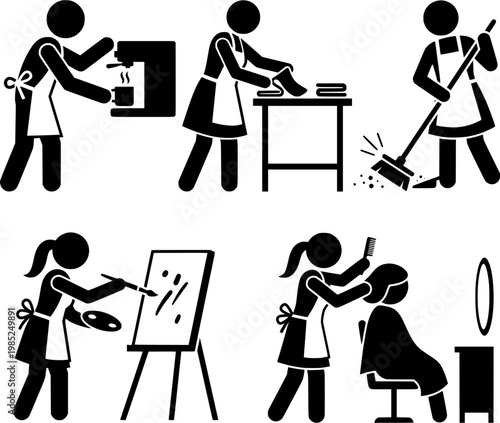 Housework Activity Icon Set with Cleaning Cooking Painting and Haircut