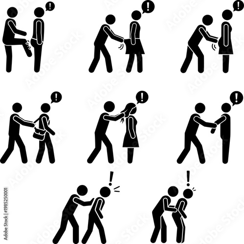 Harassment and Crime Warning Icon Set with Human Interaction Silhouette