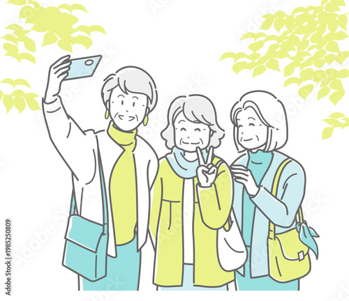 旅行を楽しむシニア女性グループのイラスト、スマートフォンで自撮りするシニア女性たち